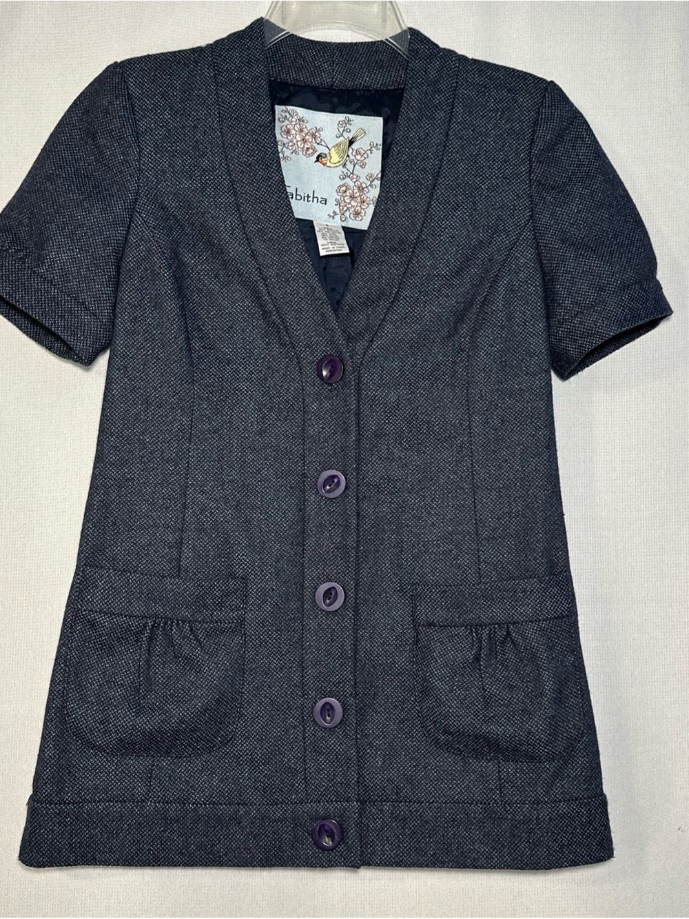 Tabitha Blue Short-Sleeve Button Front Blazer with Navy Buttons & Pockets
